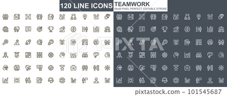 Teamwork thin line icons set. Corporate partnership and business team collaboration unique design icons. Businessman cooperation outline vector bundle. 48x48 pixel perfect linear pictogram pack. Teamwork thin line icons set. Corporate partnership and business team collaboration unique design icons. Businessman cooperation outline vector bundle. 48x48 pixel perfect linear pictogram pack. 101545687