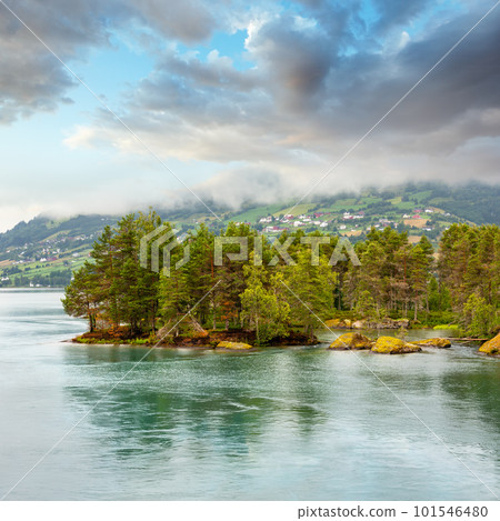 Summer cloudy fjord landscape, Norway 101546480