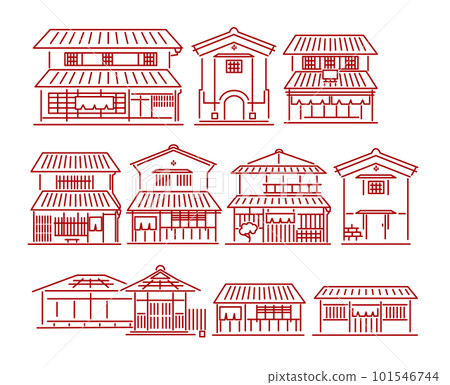 Japanese house and old folk house icon set - Stock Illustration