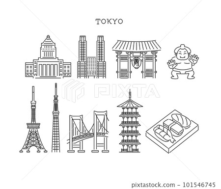 東京著名的旅遊目的地標誌圖標集 101546745