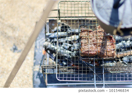 A girls' camp with a toy poodle Leisurely island camp on the blue sea and beautiful beach A woman enjoying camp food 101546834