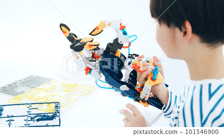 boy playing with robot hand 101546900