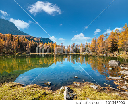 Autumn alpine mountain lake near San Pellegrino Pass, Trentino, Dolomites Alps, Italy. Autumn alpine mountain lake near San Pellegrino Pass, Trentino, Dolomites Alps, Italy. 101547000