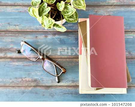 堆疊的書籍、眼鏡和植物_藍板背景_鳥瞰圖 堆疊的書籍、眼鏡和植物_藍板背景_鳥瞰圖 101547208