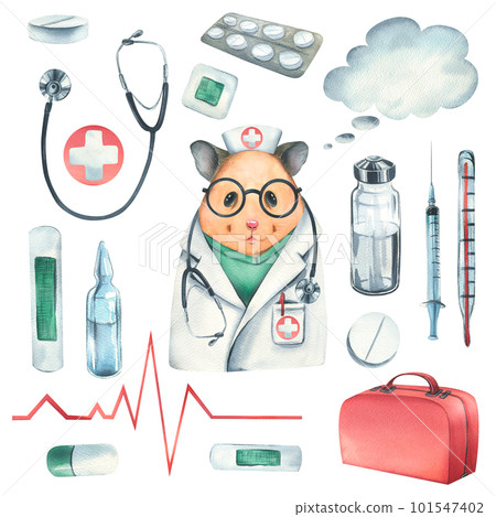 Hamster doctor in a dressing gown, glasses, with a stethoscope, a suitcase and medical instruments, pills, injections. Watercolor illustration, hand drawn. Set isolated on white background. Hamster doctor in a dressing gown, glasses, with a stethoscope, a suitcase and medical instruments, pills, injections. Watercolor illustration, hand drawn. Set isolated on white background. 101547402