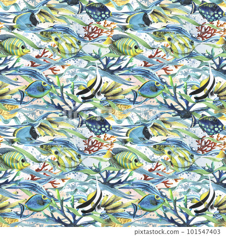 Coral reefs with algae, waves of water, fish, sea sponges, bubbles. Watercolor illustration. Seamless pattern on a white background from the collection of TROPICAL FISH. For fabric wallpaper textiles Coral reefs with algae, waves of water, fish, sea sponges, bubbles. Watercolor illustration. Seamless pattern on a white background from the collection of TROPICAL FISH. For fabric wallpaper textiles 101547403