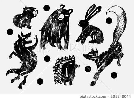 Abstract wild and domesticated animals: capybara, bear, hare, fox, ox, hedgehog. Set of contemporary asian art print templates. Ink, vector illustration	 101548044