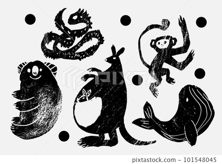 Set of abstract wild animals. Jungle, Forest bird. Dragon, kangaroo, monkey, koala, whale. Set of contemporary asian art print templates. Ink animals vector illustration. Set of abstract wild animals. Jungle, Forest bird. Dragon, kangaroo, monkey, koala, whale. Set of contemporary asian art print templates. Ink animals vector illustration. 101548045