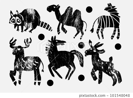 Set of abstract wild animals. Jungle, Forest bird. Raccoon, camel, zebra, elk, horse, goat. Set of contemporary asian art print templates. Ink animals vector illustration. 101548048