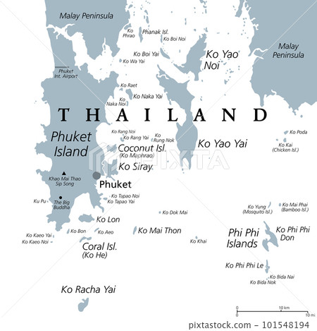Phuket, largest Island of Thailand, gray political map, with surrounding area. Popular tourist region, with plenty of islands, south of Malay Peninsula, in the Andaman Sea, north of Strait of Malacca. 101548194
