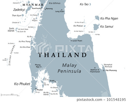 From Ko Samui to Phuket, Thailand, gray political map. Travel destinations west and east of the Malay Peninsula, off the coast of Thailand, with most important islands and cities. Illustration. Vector 101548195
