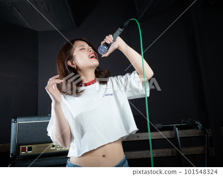 Young woman photographing in recording studio Young woman photographing in recording studio 101548324