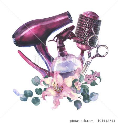 Watercolor Hairdressing illustration. Barber shop set. watercolor composition with hair dryer, water spray, comb, scissors and hair clip decorated with lily flowers and eucalyptus leaves. 101548743