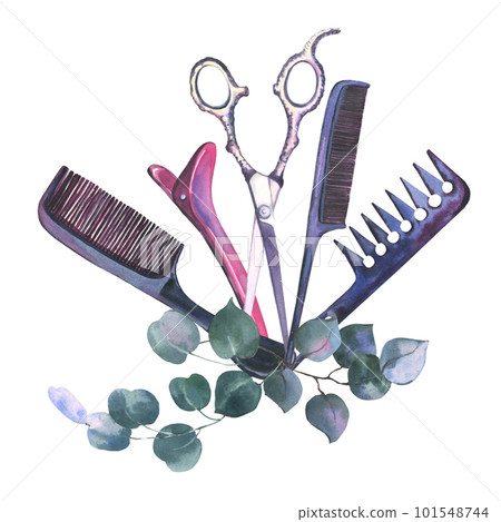 Watercolor Hairdressing illustration. Barber shop set. Hand-drawn Hairdresser tools. Design for logo, t shirt and uniform. 101548744