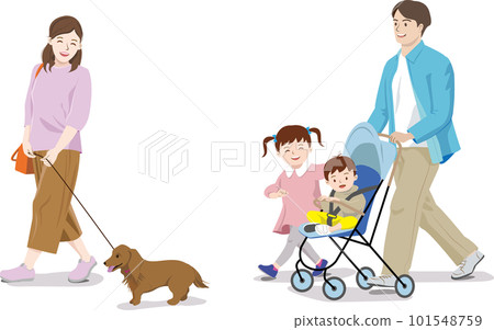 Family / siblings walking the dog 101548759
