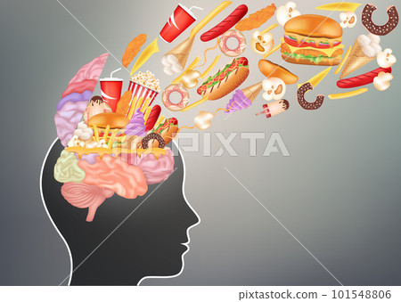 Junk food brain health and unhealthy nutrition choices. cheeseburger sugar soft drink fried chicken and cake. Health care and medical concept. 3D illustration elements. Vector EPS10 Junk food brain health and unhealthy nutrition choices. cheeseburger sugar soft drink fried chicken and cake. Health care and medical concept. 3D illustration elements. Vector EPS10 101548806