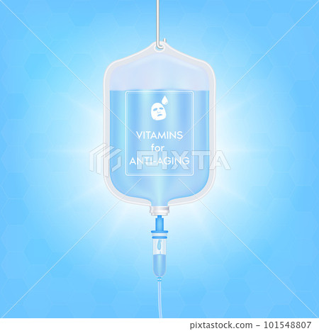 Serum collagen vitamin inside saline bag for anti aging blue. Injection of IV drip vitamin and minerals for health and skin. Medical aesthetic concept. Saline bag 3D vector EPS10. 101548807