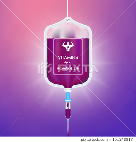 Saline bag Vitamin for Power up purple. Best food for strong body. Medical concepts and health supplements. Realistic 3D Vector illustration. 101548817
