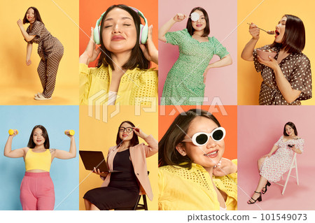 Collage. Set of portraits of young asian girl posing in different clothes and life situations against multicolored background 101549073