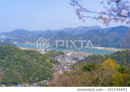 A view of the Kinosaki cityscape from the summit of Mt. Daishi, the cherry blossom season 101549493