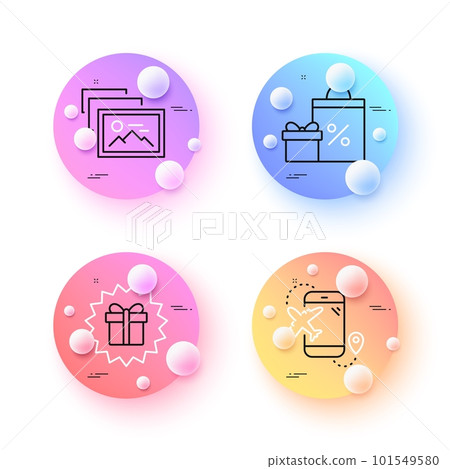 Photo album, Surprise gift and Flight destination minimal line icons. 3d spheres or balls buttons. Shopping icons. For web, application, printing. Image gallery, Shopping offer, Airplane trip. Vector Photo album, Surprise gift and Flight destination minimal line icons. 3d spheres or balls buttons. Shopping icons. For web, application, printing. Image gallery, Shopping offer, Airplane trip. Vector 101549580
