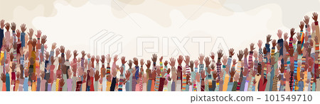 Many black skin African American men women children seniors group hand raised on colored background copy space. Black history month concept banner poster. Racial equality.Mixed age range Many black skin African American men women children seniors group hand raised on colored background copy space. Black history month concept banner poster. Racial equality.Mixed age range 101549710