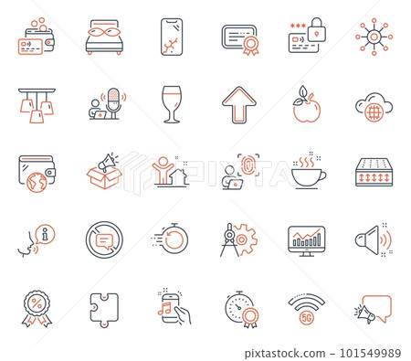 Business icons set. Included icon as Wallet, Music phone and Flexible mattress web elements. Ceiling lamp, Eco food, Certificate icons. Smartphone broken, Upload, Cogwheel dividers web signs. Vector 101549989