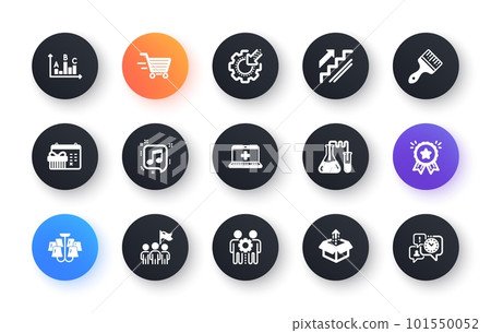 Minimal set of Medical help, Brush and Survey results flat icons for web development. Delivery shopping, Employees teamwork, Seo gear icons. Send box, Leadership, Chemistry lab web elements. Vector 101550052