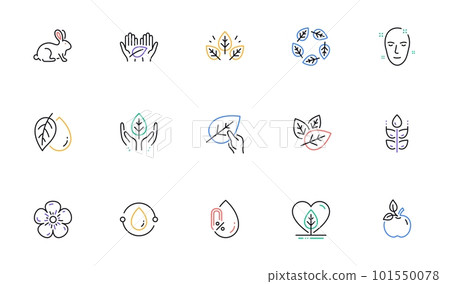 Organic cosmetics line icons. No alcohol free, synthetic fragrance, fair trade. Sustainable textiles, animal testing, eco organic icons. Linear set. Bicolor outline web elements. Vector 101550078