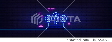 Neon light glow effect. Video conference line icon. Online meeting sign. Video teamwork symbol. 3d line neon glow icon. Brick wall banner. Video conference outline. Vector 101550079