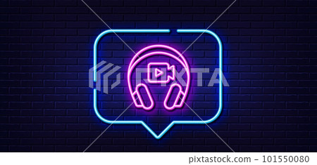Neon light speech bubble. Headphones with video camera line icon. Online conference sign. Virtual education symbol. Neon light background. Headphones glow line. Brick wall banner. Vector Neon light speech bubble. Headphones with video camera line icon. Online conference sign. Virtual education symbol. Neon light background. Headphones glow line. Brick wall banner. Vector 101550080
