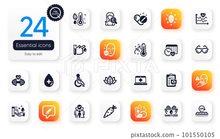 Set of Healthcare flat icons. Collagen skin, Eye checklist and Washing hands elements for web application. Medical help, Blood donation, Uv protection icons. Thermometer. Vector Set of Healthcare flat icons. Collagen skin, Eye checklist and Washing hands elements for web application. Medical help, Blood donation, Uv protection icons. Thermometer. Vector 101550105
