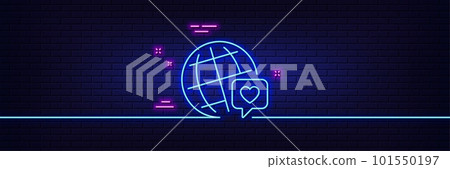 Neon light glow effect. Friends world line icon. Friendship love sign. World brand ambassador symbol. 3d line neon glow icon. Brick wall banner. World brand outline. Vector 101550197
