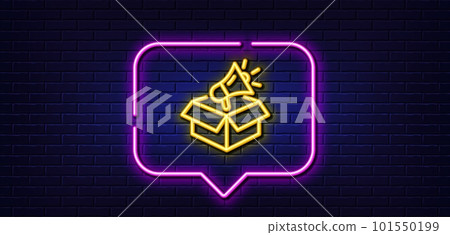 Neon light speech bubble. Megaphone box line icon. Advertisement device symbol. Brand ambassador sign. Neon light background. Megaphone box glow line. Brick wall banner. Vector Neon light speech bubble. Megaphone box line icon. Advertisement device symbol. Brand ambassador sign. Neon light background. Megaphone box glow line. Brick wall banner. Vector 101550199