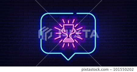Neon light speech bubble. Award cup line icon. Winner Trophy symbol. Sports achievement sign. Neon light background. Trophy glow line. Brick wall banner. Vector 101550202