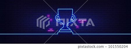Neon light glow effect. Award cup line icon. Winner Trophy symbol. Sports achievement sign. 3d line neon glow icon. Brick wall banner. Award cup outline. Vector 101550204