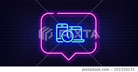 Neon light speech bubble. Time management line icon. Clock sign. Mobile devices symbol. Neon light background. Time management glow line. Brick wall banner. Vector Neon light speech bubble. Time management line icon. Clock sign. Mobile devices symbol. Neon light background. Time management glow line. Brick wall banner. Vector 101550235