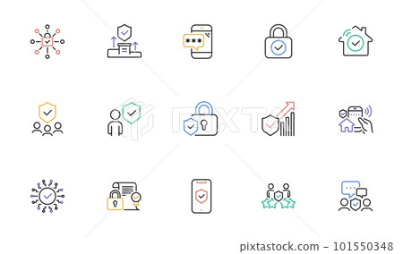 Security line icons set. Password, unlock, cyber lock. Guard, shield, home security system icons. Eye access, electronic check, firewall. Internet protection, laptop password. Vector 101550348