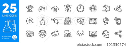 Outline icons set. Heart, Time and Share icons. Return package, Support consultant, Work home web elements. 5g cloud, Home, Cloud storage signs. Engineering team, Fingerprint, Communication. Vector Outline icons set. Heart, Time and Share icons. Return package, Support consultant, Work home web elements. 5g cloud, Home, Cloud storage signs. Engineering team, Fingerprint, Communication. Vector 101550374