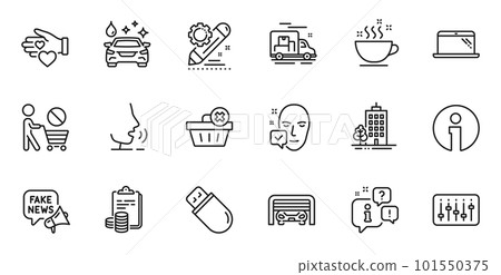 Outline set of Dj controller, Accounting and Project edit line icons for web application. Talk, information, delivery truck outline icon. Vector Outline set of Dj controller, Accounting and Project edit line icons for web application. Talk, information, delivery truck outline icon. Vector 101550375