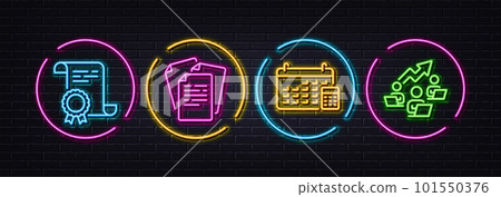 Documents, Certificate and Calendar minimal line icons. Neon laser 3d lights. Teamwork chart icons. For web, application, printing. Office file, Certified file, Calculator device. Networking. Vector Documents, Certificate and Calendar minimal line icons. Neon laser 3d lights. Teamwork chart icons. For web, application, printing. Office file, Certified file, Calculator device. Networking. Vector 101550376