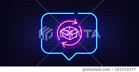 Neon light speech bubble. Exchange of goods line icon. Return parcel sign. Package tracking symbol. Neon light background. Return parcel glow line. Brick wall banner. Vector 101550377