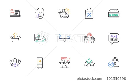 Mattress, Face attention and Fake news line icons for website, printing. Collection of Online help, Voting campaign, Express delivery icons. Crown, Delivery truck, Send box web elements. Vector Mattress, Face attention and Fake news line icons for website, printing. Collection of Online help, Voting campaign, Express delivery icons. Crown, Delivery truck, Send box web elements. Vector 101550398