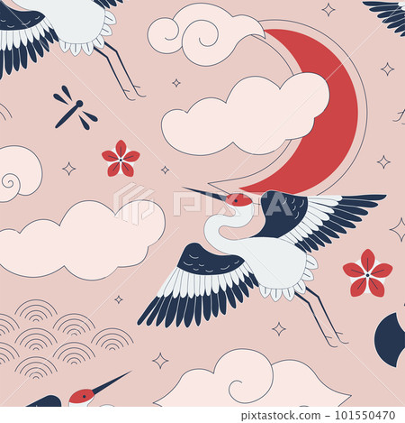 Japanese Cranes Flying in Clouds Oriental Pattern 101550470