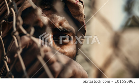 All about modern slavery. A close up of a person behind a chain link fence. AI generative image All about modern slavery. A close up of a person behind a chain link fence. AI generative image 101550963