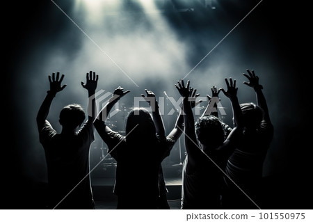 A group of people raising their hands in the air. AI generative image, motion blur added 101550975