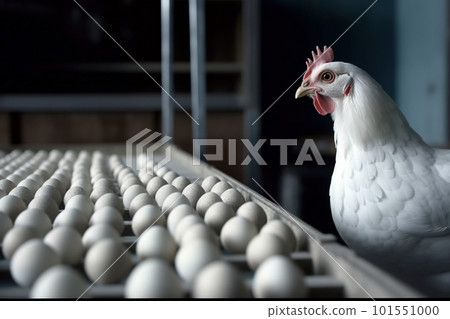 A close up of a chicken near many eggs. AI generative image 101551000