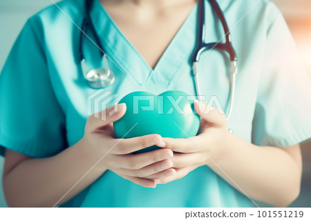 Faceless nurse or doctor in blue uniform holding a heart. Generative AI illustration 101551219