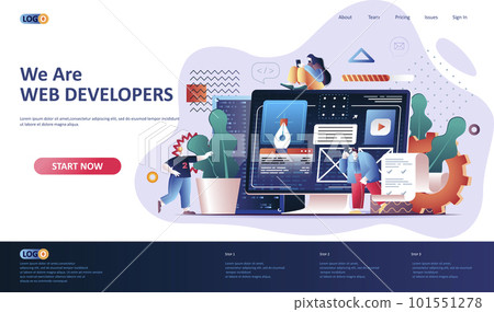 Web development flat landing page template. Website construct, prototyping and programming web banner. UI UX designer workplace 3d composition, development company. Web page vector illustration. 101551278