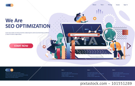 SEO optimization flat landing page template. Internet analytics, online research software web banner. Website content optimization for relevant searches 3d composition. Web page vector illustration. 101551289